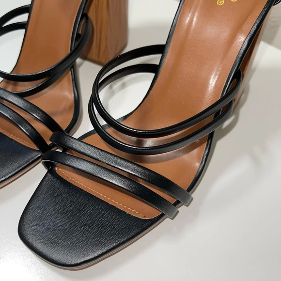Qupid Black Square Toe Strappy 5” Wooden Block Heel Sandals 10 Women’s - Picture 3 of 11
